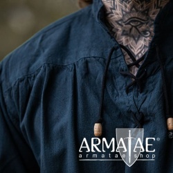 Meliertes Stehkragen-Schnuerhemd Blau von Leonardo Carbone bei Armatae.shop