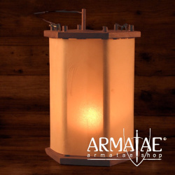 Laterne aus Holz mit Pergament / Rohhaut -Bespannung und Kerzenlift sowie Tragebügel auf https://armatae.shop