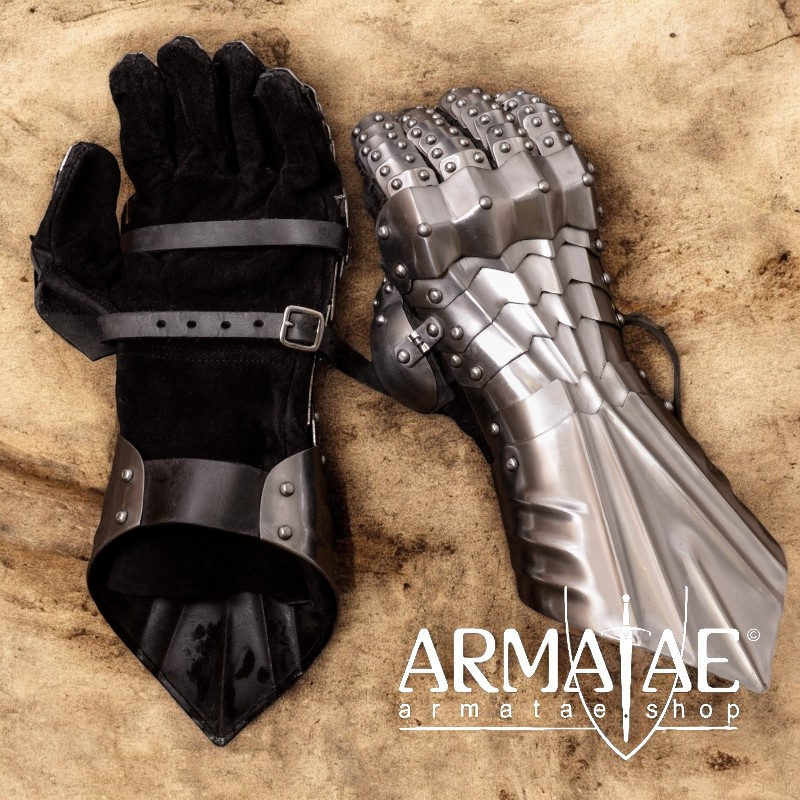 Plattenhandschuhe, blank, vernietet und vernäht auf https://armatae.shop