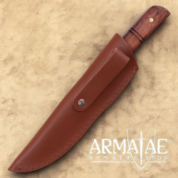 Damast Gebrauchsmesser mit Rosenholzgriff und Lederscheide auf https://armatae.shop