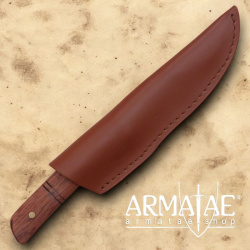 Damast Gebrauchsmesser mit Rosenholzgriff und Lederscheide auf https://armatae.shop