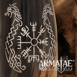 Bierkrug aus echtem Horn mit Vegvisir und Zwillingsdrachen - 500 bis 600 ml auf https://armatae.shop