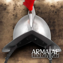 Spanischer Morionhelm mit rotem Federbusch auf https://armatae.shop