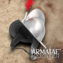 Spanischer Morionhelm mit rotem Federbusch auf https://armatae.shop
