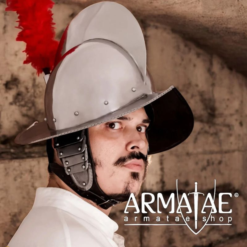 Spanischer Morionhelm mit rotem Federbusch auf https://armatae.shop