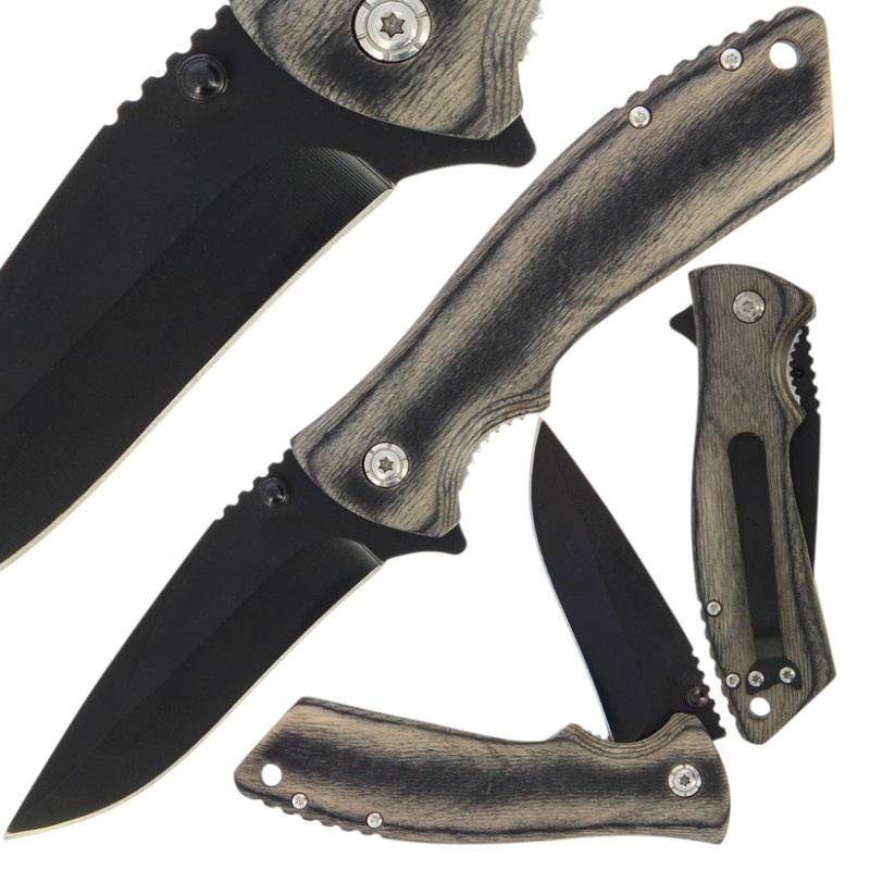 Taschenmesser mit Pakkaholz-Griff – Klappmesser mit schwarzer Edelstahlklinge & Gürtelclip - Bild 1