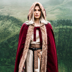 Wikinger Umhang „Fjell“ Rot – Wollumhang mit Kunstfell & Kapuze - Bild 5