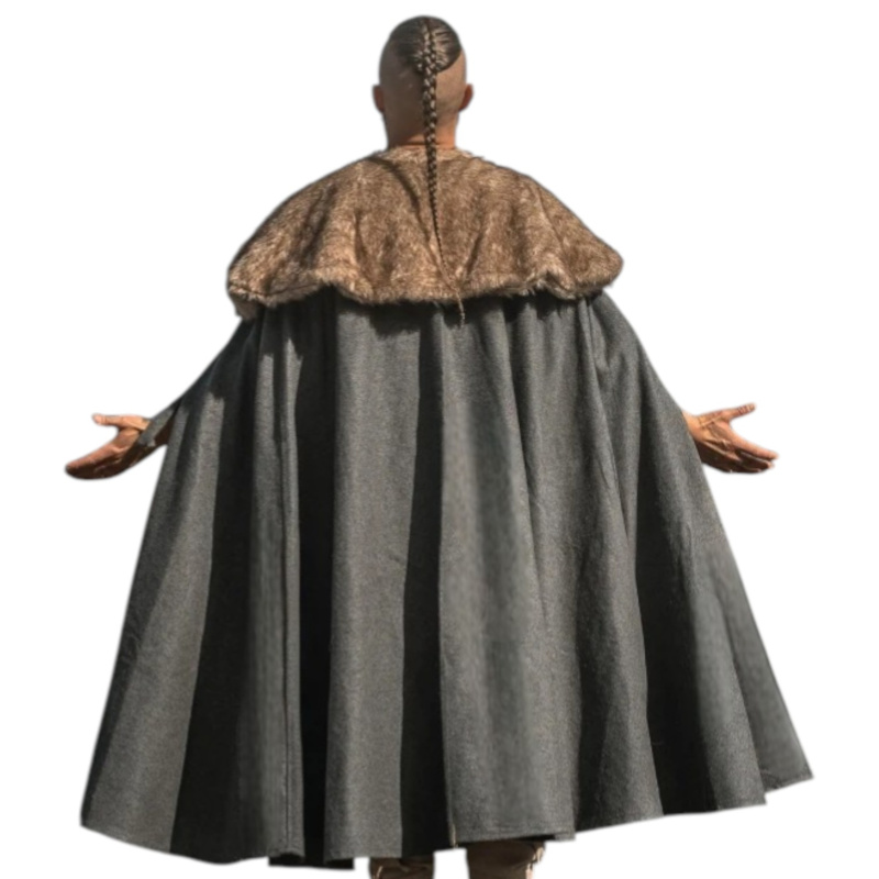 Wikinger Umhang Grau „Janne“ – Wollumhang mit Kunstfellkragen - Bild 1