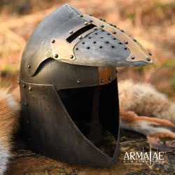 Topfhelm mit klappbarem Visier – 1,6 mm Stahl, Antikfinish - Bild 5