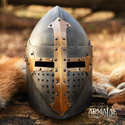 Topfhelm mit klappbarem Visier – 1,6 mm Stahl, Antikfinish - Bild 10