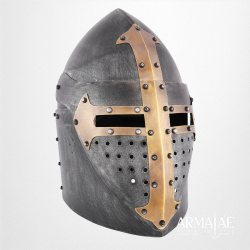 Topfhelm mit klappbarem Visier – 1,6 mm Stahl, Antikfinish - Bild 1