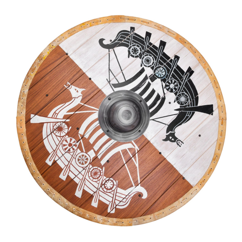 Wikinger Rundschild „Draken – Drachenschiff“ – 80 cm mit Rohhautrand und Stahlbuckel 1
