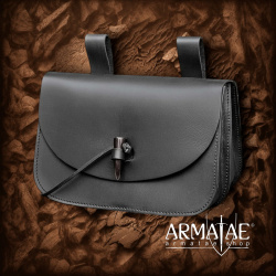 Mittelalterliche Gürteltasche aus schwarzem Leder mit Hornknebel 6